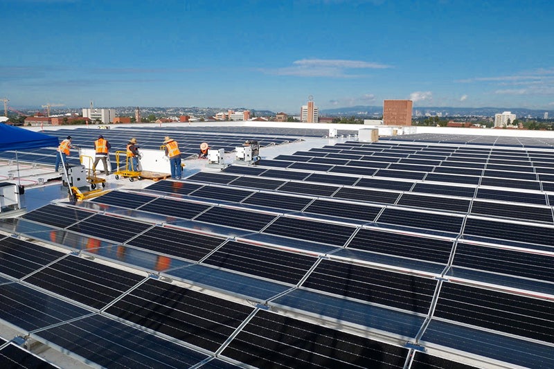Galen Center's rooftop showing solar panels