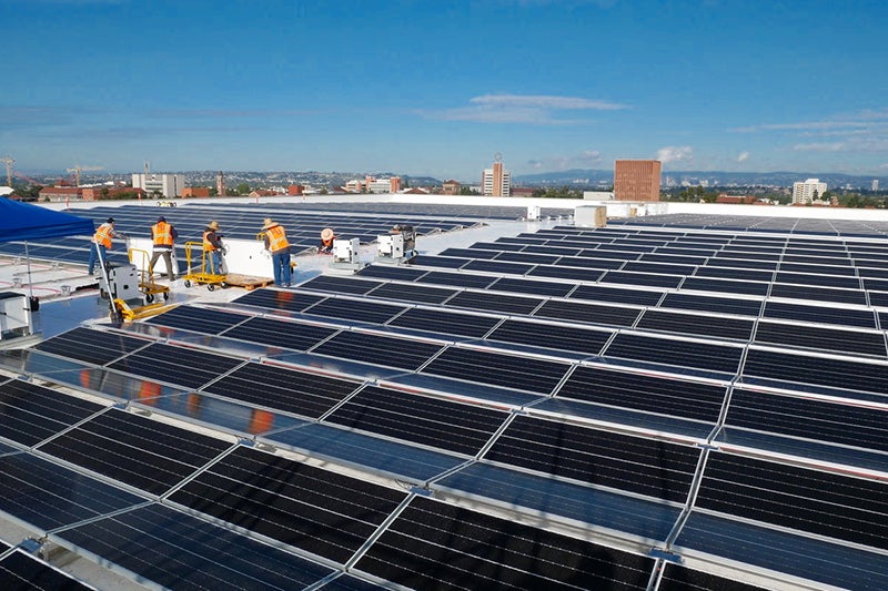 Galen Center's rooftop showing solar panels