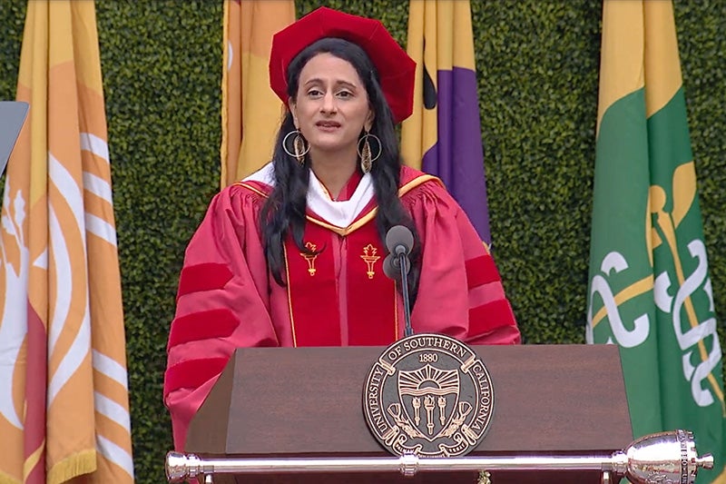 Bina Venkataraman gives the 2021 commencement speech.