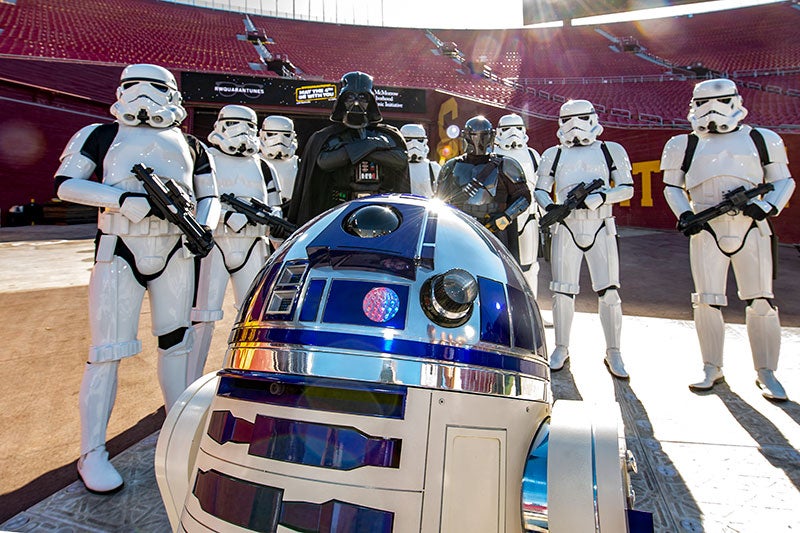 R2-D2, Darth Vader and stormtroopers in LA Coliseum for “May the 4th Be With You”