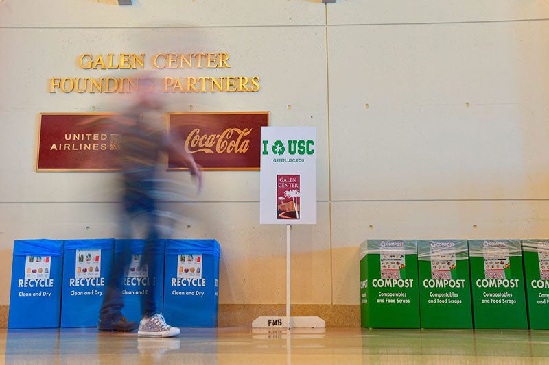 Recycling receptacles line Galen Center's lobby