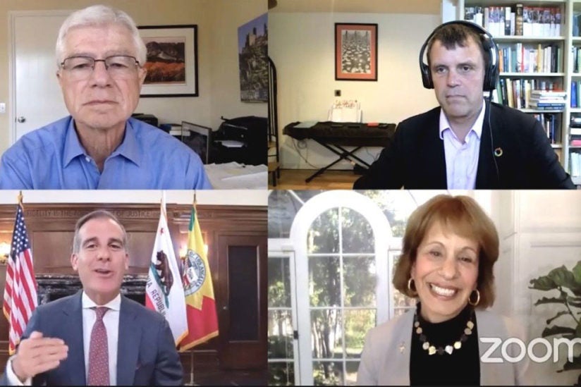 Dan Mazmanian, Nigel Topping, President Carol L. Folt and Mayor Eric Garcetti (clockwise from top left) speak on a panel at the Los Angeles Business Council’s annual Sustainability Summit.