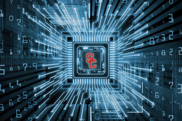 Blue microchips image glowing with the USC logo in the center.