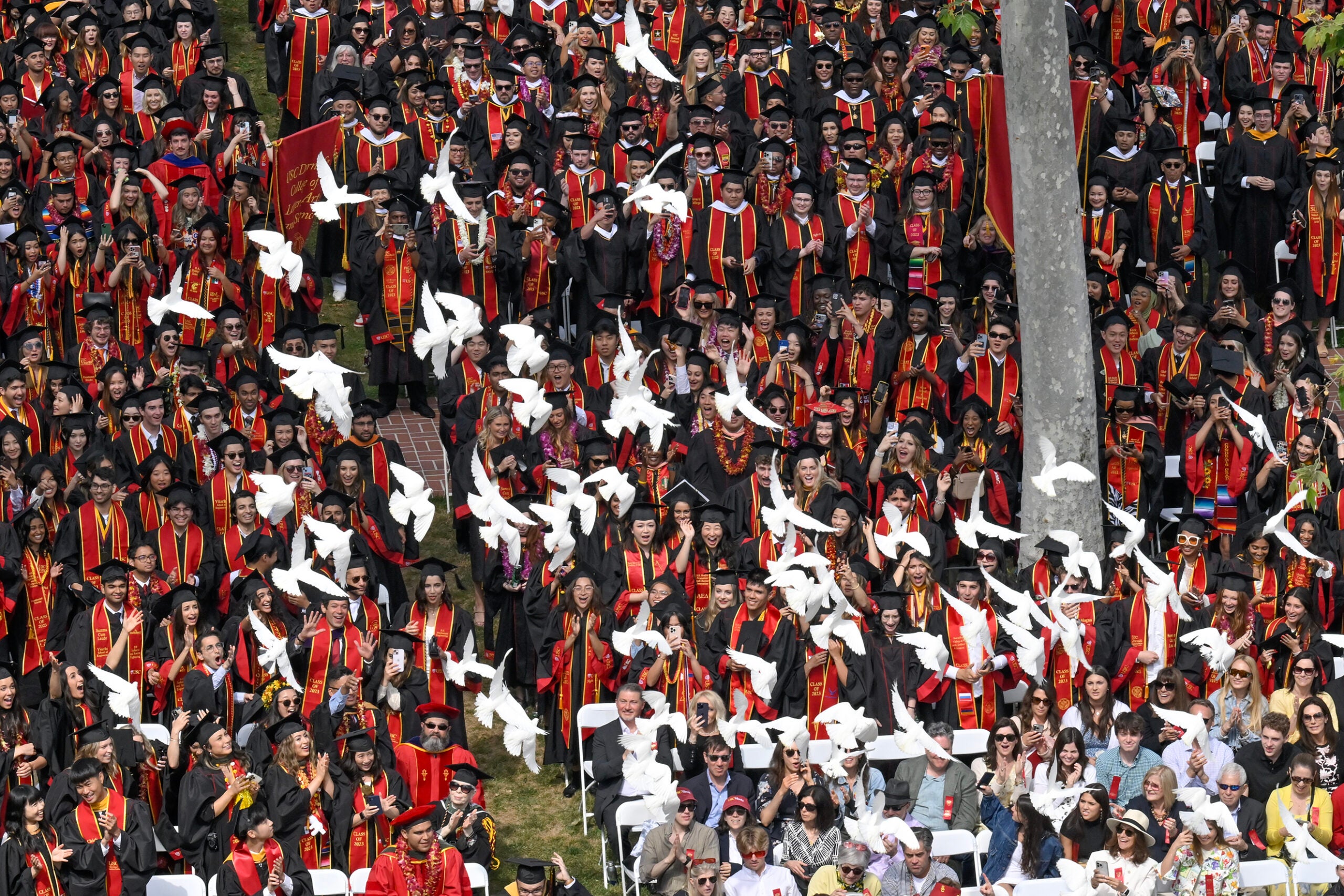 Doves are released at the conclusion of the 140th commencement ceremony at the University of Southern California, May 12, 2023. (Photo/Gus Ruelas)