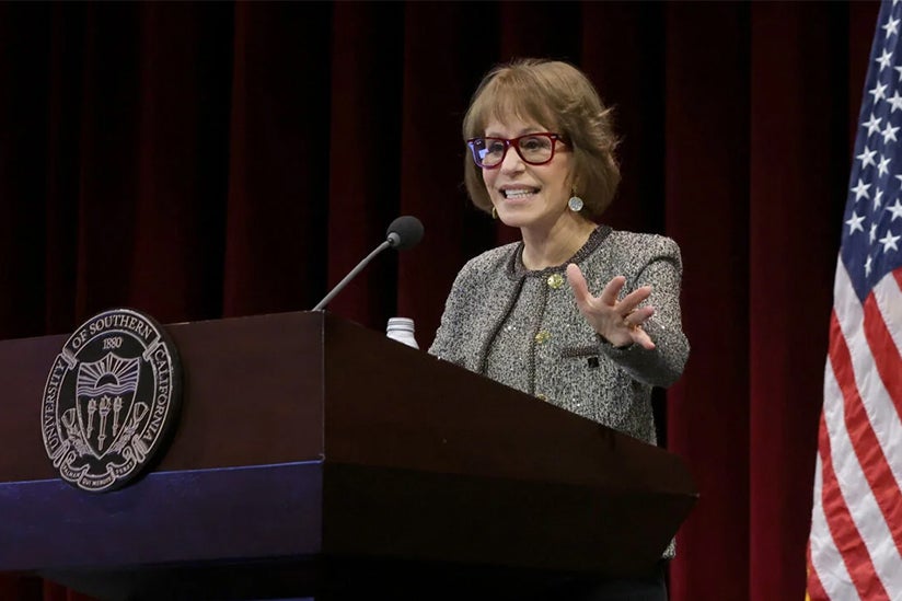 Carol Folt delivers the 2025 State of the University address in Bovard Auditorium